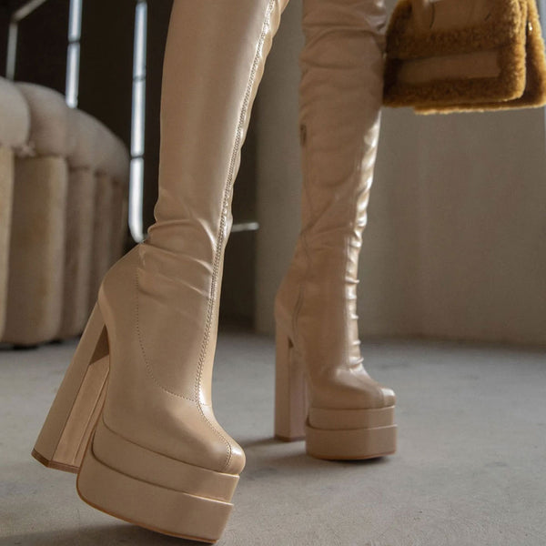 Chic Square Toe Platform Over Knee Chunky High Heel Boots - Apricot