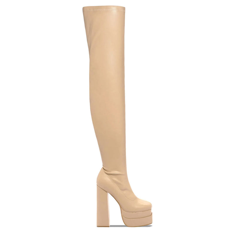 Chic Square Toe Platform Over Knee Chunky High Heel Boots - Apricot