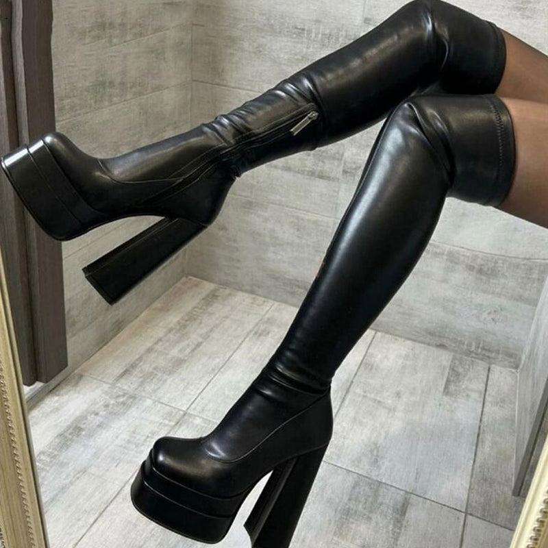 Chic Square Toe Platform Over Knee Chunky High Heel Boots