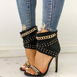 Chic Studs Trim Chain Strap High Heeled Cut Out Sandals - Black