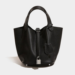 Chic Textured Solid Color Padlock Trim Faux Leather Handle Bag - Black