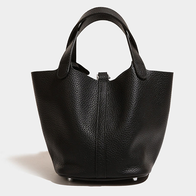 Chic Textured Solid Color Padlock Trim Faux Leather Handle Bag - Black