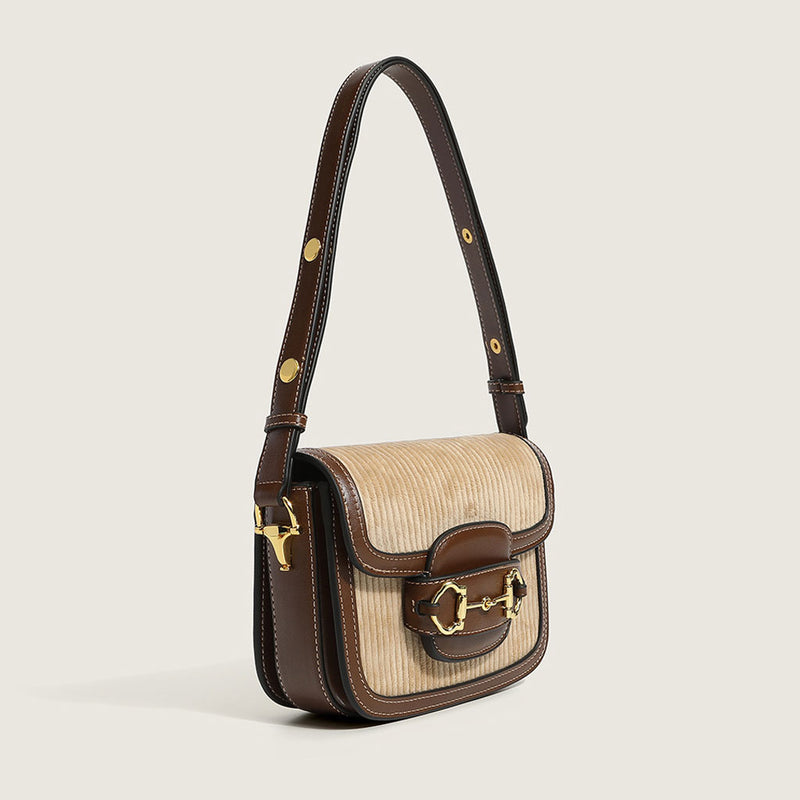 Chic Textured Suspender Strap Flap Front Velvet Shoulder Bag - Khaki