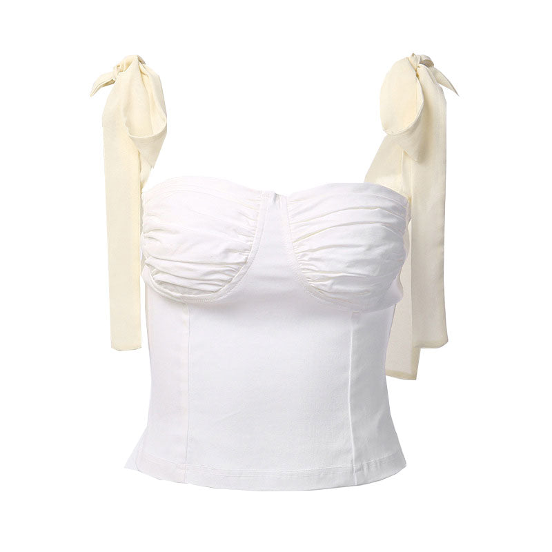 Chic Tie Strap Ruched Balconette Bustier Cropped Top - White