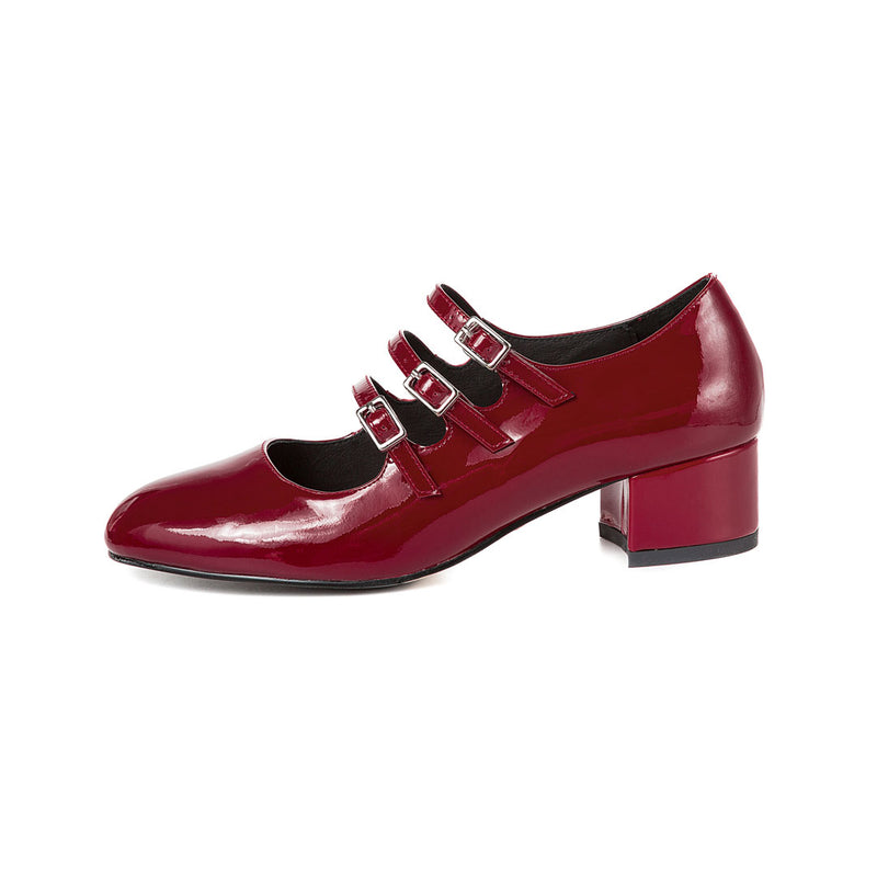 Classic Buckle Strap Patent Leather Block Heel Mary Jane Pumps - Burgundy