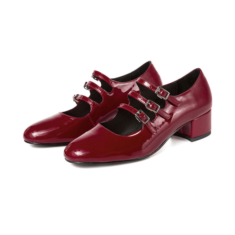 Classic Buckle Strap Patent Leather Block Heel Mary Jane Pumps - Burgundy