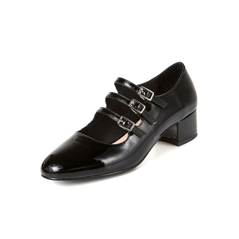 Classic Buckle Strap Patent Leather Block Heel Mary Jane Pumps - Black