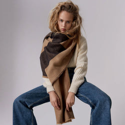 Classic Contrast Striped Frayed Oversized Blanket Scarf - Coffee