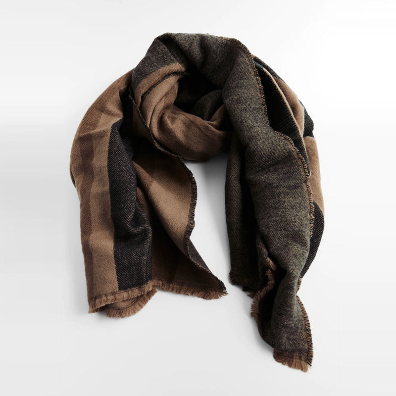 Classic Contrast Striped Frayed Oversized Blanket Scarf - Coffee