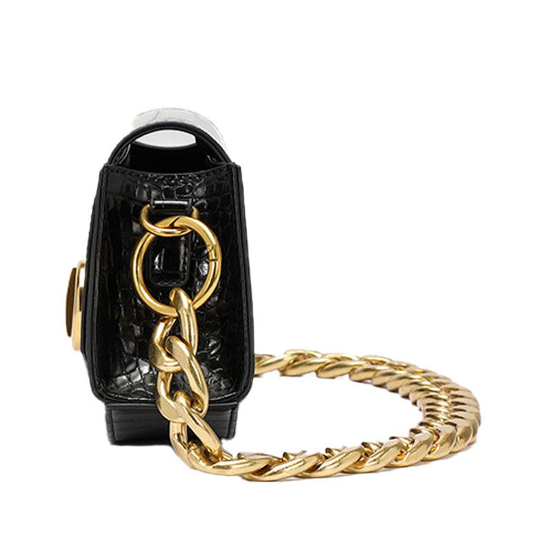 Classic Gold Tone Chunky Chain Croco Embossed Shoulder Bag - Black
