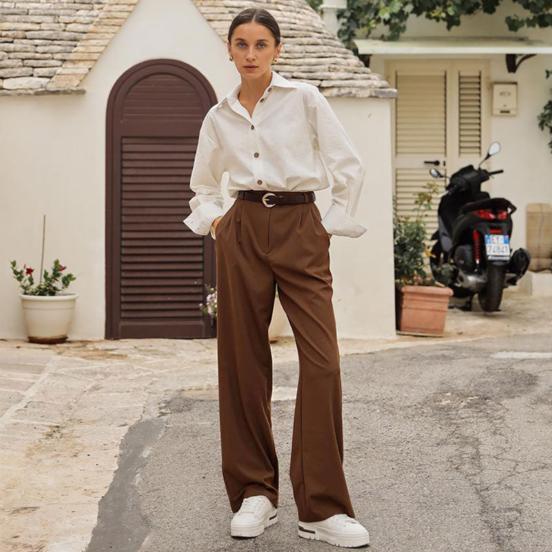 High Waist Pleated Wide Leg Pants Brown