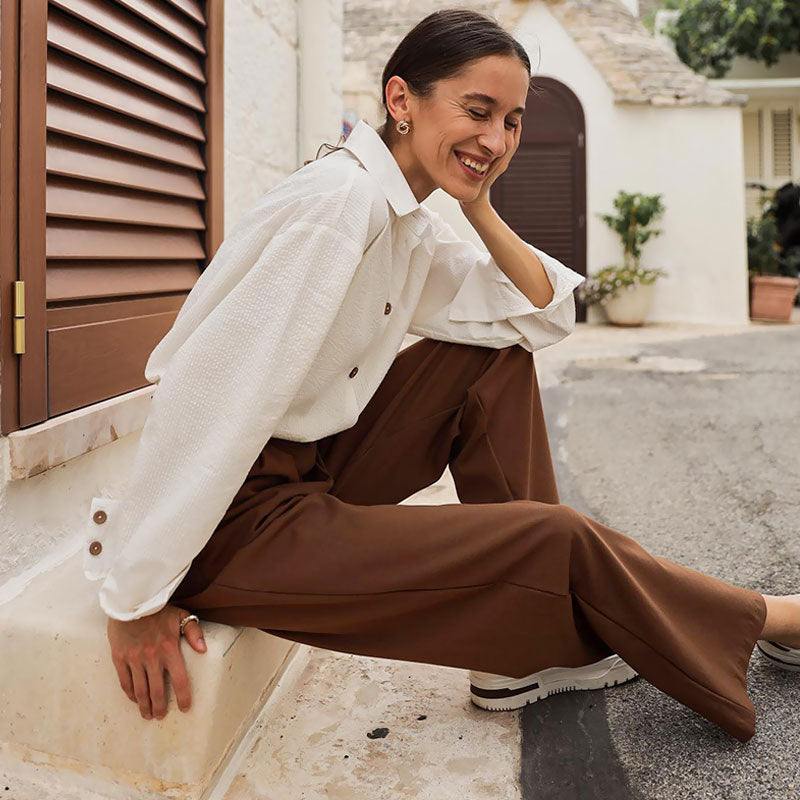 Classic High Waist Straight Leg Slant Pocket Pleated Tailored Pants - Brown