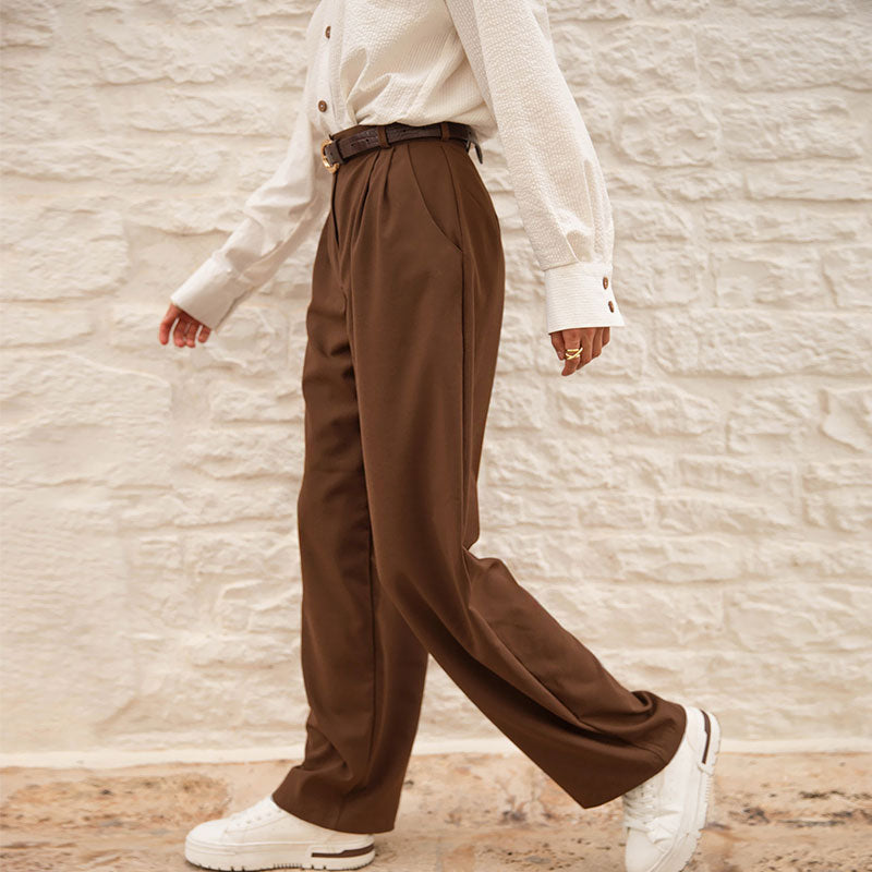 Classic High Waist Straight Leg Slant Pocket Pleated Tailored Pants - Brown