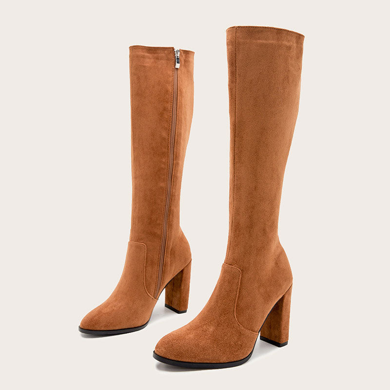 Classic Pointed Toe Chunky High Heel Suede Knee High Boots - Brown