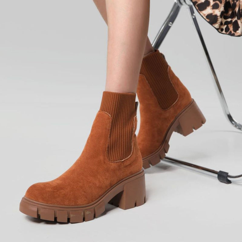 Classic Round Toe Lug Sole Suede Knit Sock Ankle Boots - Brown