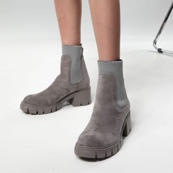 Classic Round Toe Lug Sole Suede Knit Sock Ankle Boots - Gray