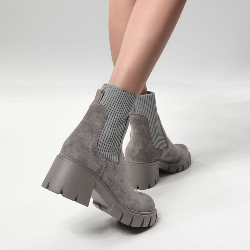 Classic Round Toe Lug Sole Suede Knit Sock Ankle Boots - Gray