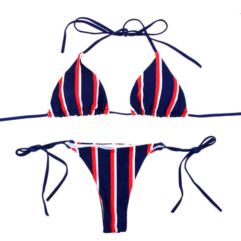 Classic Striped Tie String Sliding Triangle Bikini Set - Dark Blue