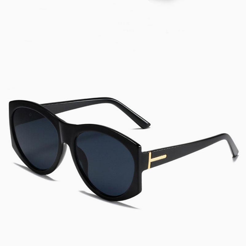 Classic Style Metal T Letter Oval Frame Sunglasses - Black