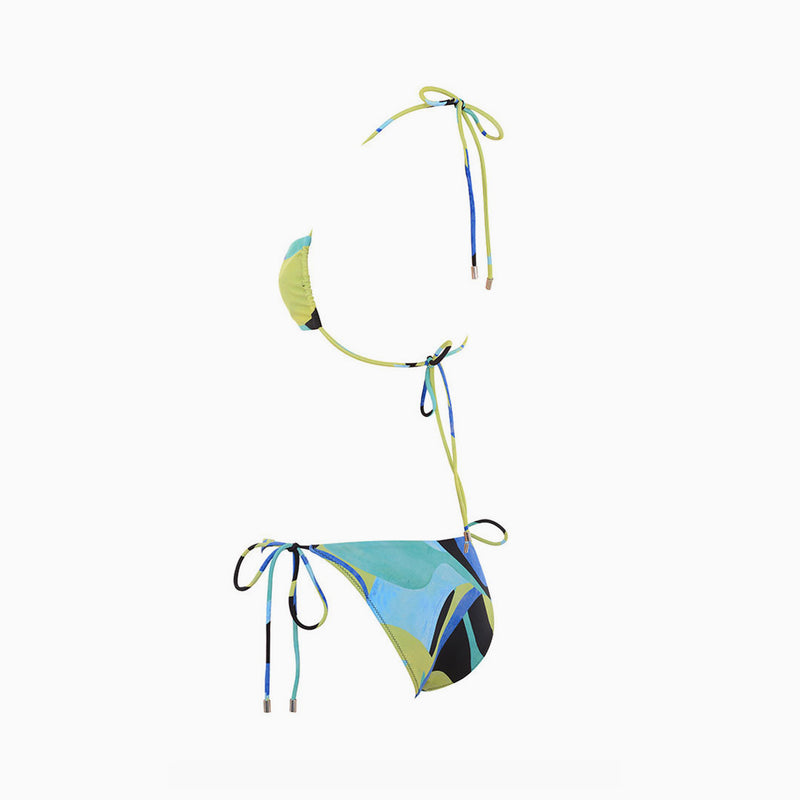 Flirty Color Block Tie String Halter Neck Bralette Bikini Set - Teal