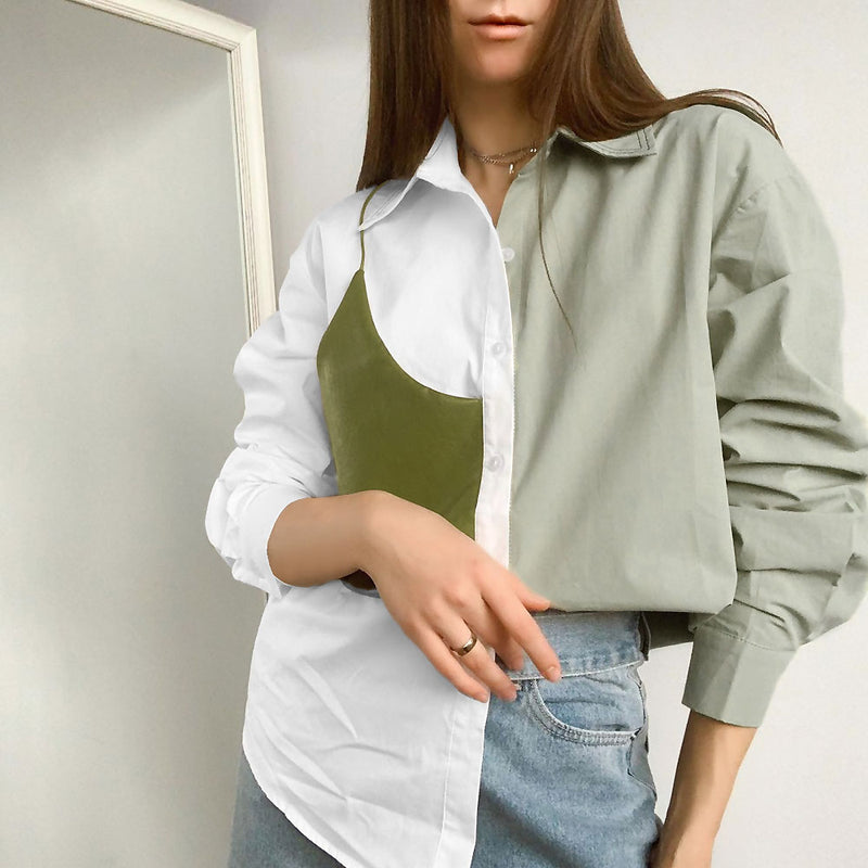 Contrast Color Faux Leather Panel Trim Long Sleeve Button Up Shirt - Green
