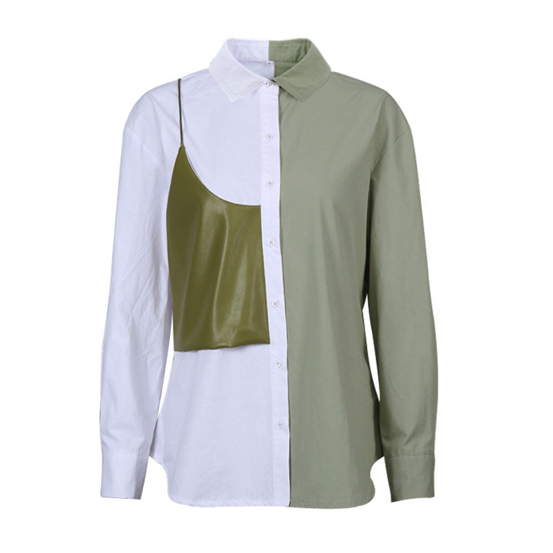 Contrast Color Faux Leather Panel Trim Long Sleeve Button Up Shirt - Green
