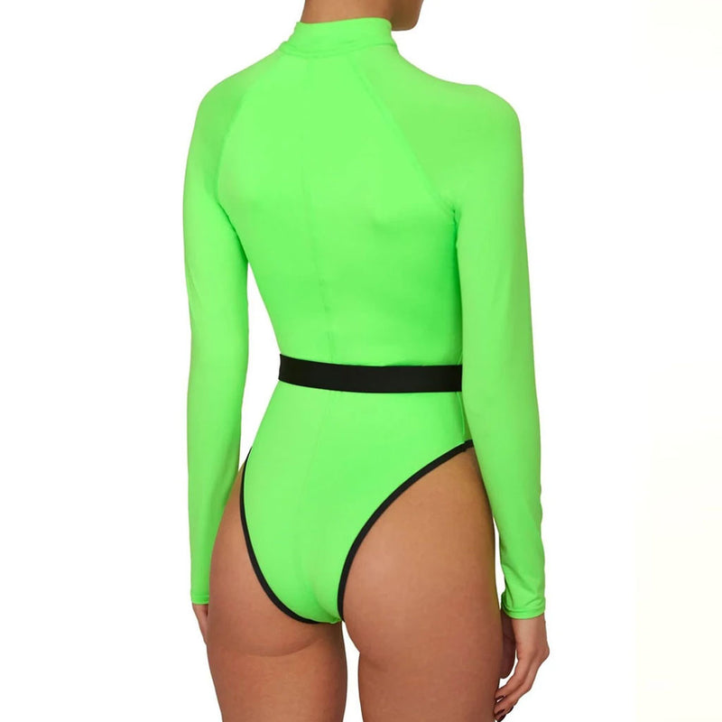 Contrast Long Sleeve Rash Guard One Piece Swimsuit - Neon Green