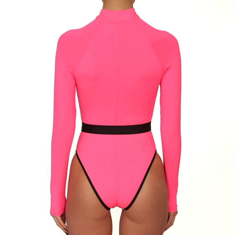 Contrast Long Sleeve Rash Guard One Piece Swimsuit - Neon Pink