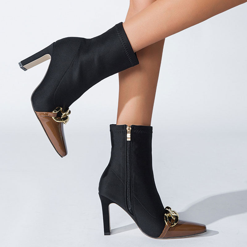 Contrast Metal Chain Pointed Toe High Heel Sock Ankle Boots - Chocolate