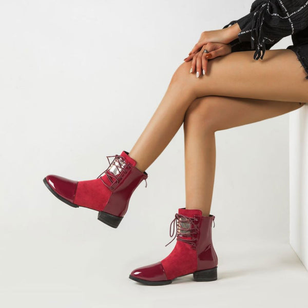 Contrast Panel Metal Trim Lace Up Faux Leather Ankle Boots - Red