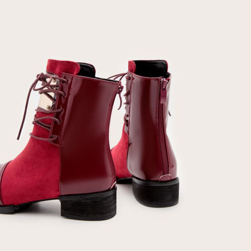 Contrast Panel Metal Trim Lace Up Faux Leather Ankle Boots - Red