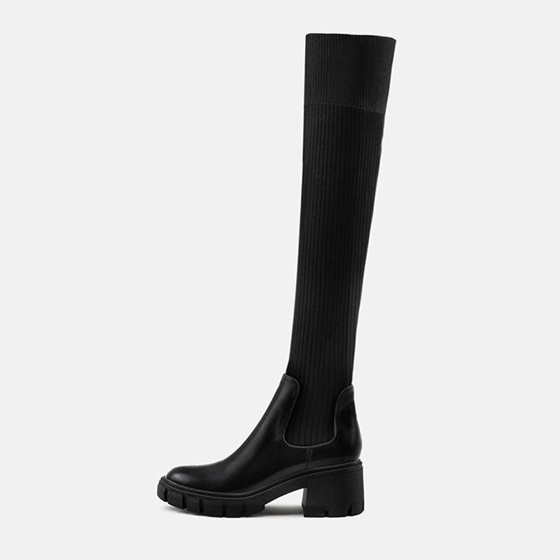 Contrast Panel Trim Lug Sole Chunky Heel Knit Knee High Sock Boots B