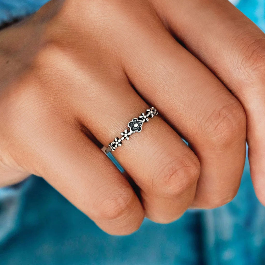 Cottagecore Style Pleated Floral Embossed Open Ring Silver Trendy Unique