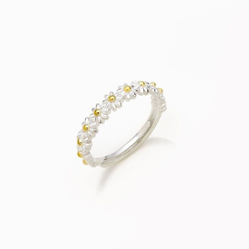 Cottagecore Style Two Tone Plated Daisy Chain Ring - Silver