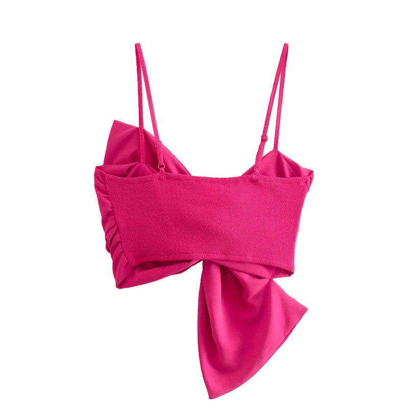 Cute Bow Tie Embellished Ribbed Trim Sleeveless Crop Top - Hot Pink –  Trendy & Unique