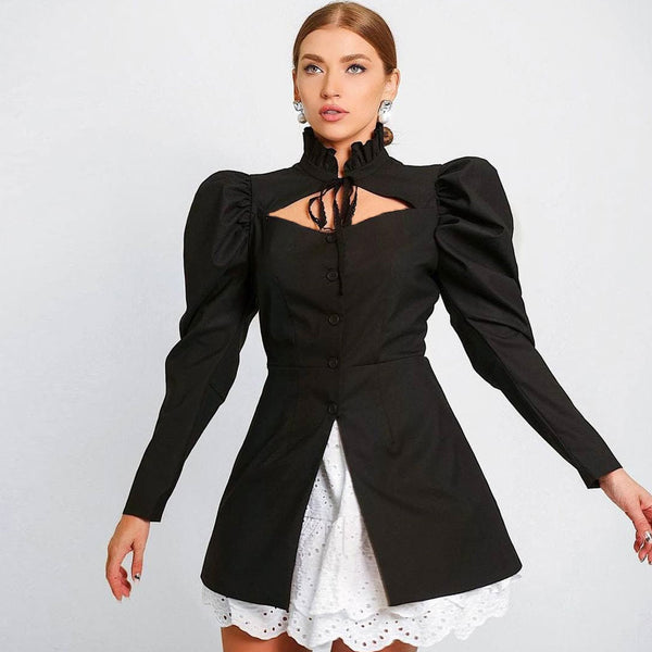 Cute Cut Out Ruffle Collared Long sleeve Button Up Blouse - Black