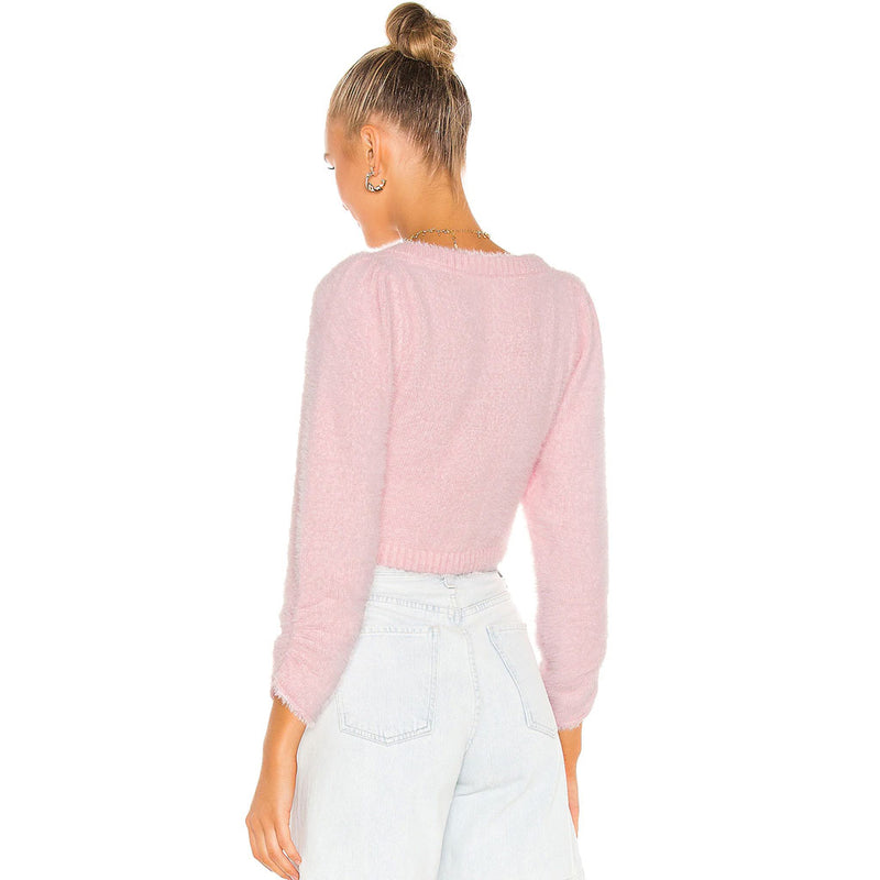 Cute Fuzzy Scoop Neck Sleeved Knitted Crop Cardigan - Pink