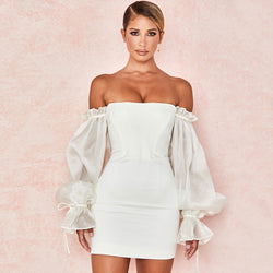 Cute Off Shoulder Puff Sleeve Bodycon Party Mini Dress - White