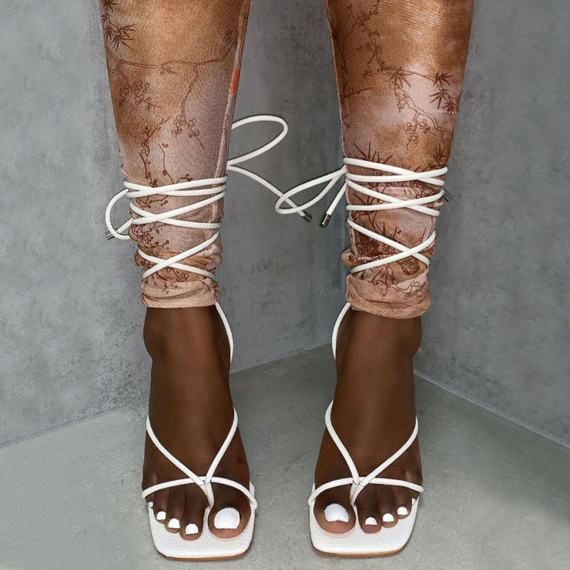 Cute Strappy Thong Toe Wrap Tie Stiletto Heel Sandals - White