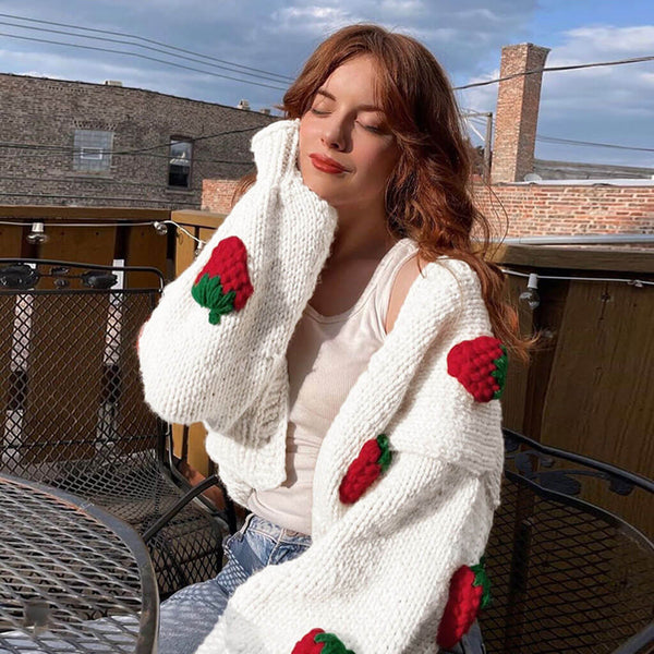 Cute Strawberry Studded Bishop Sleeve Button Up Cardigan - White