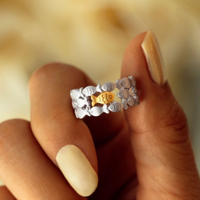 Cute Style Two Tone Plated Fish Layered Band Ring - Silver