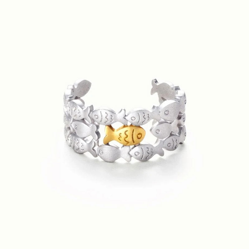 Cute Style Two Tone Plated Fish Layered Band Ring - Silver