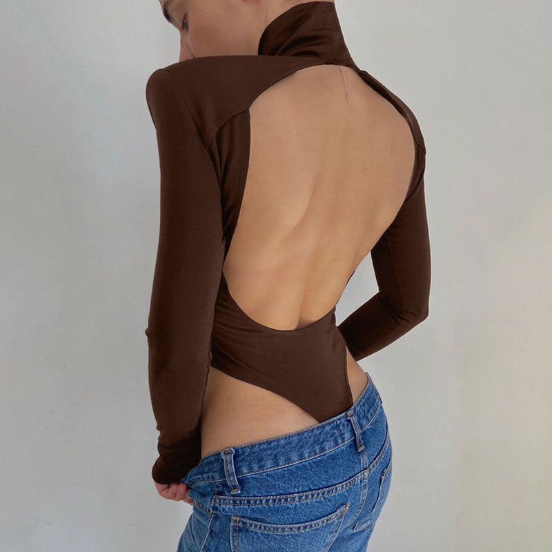 Cutout Back Long Sleeve High Cut Turtleneck Bodysuit - Coffee