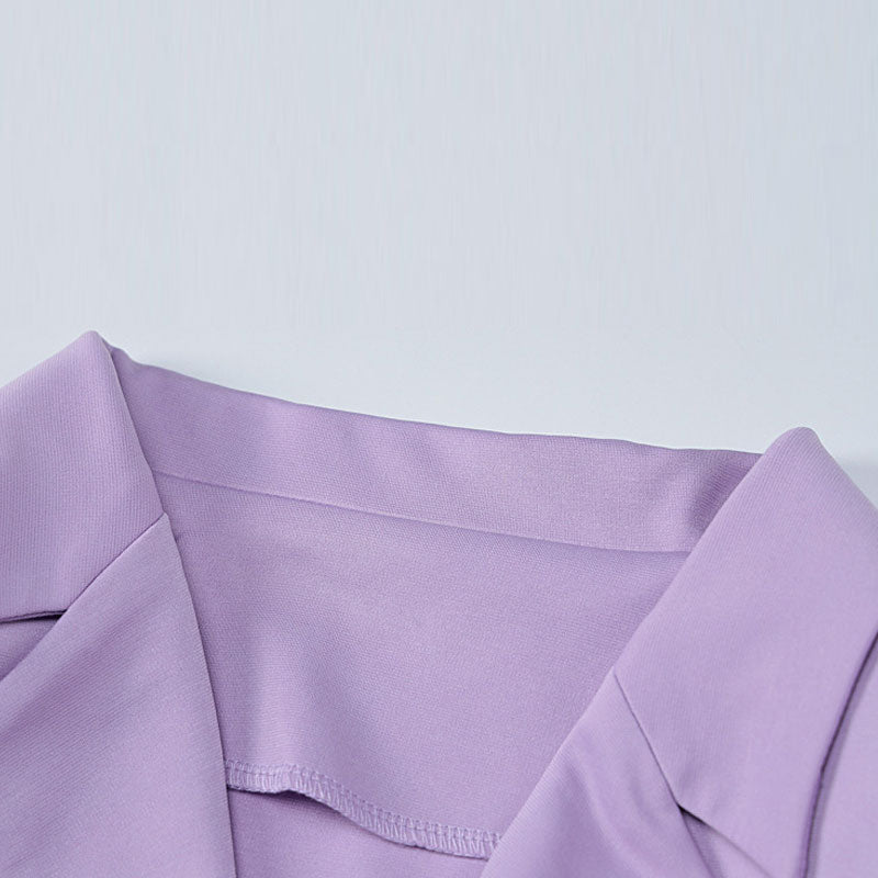 Dainty Lapel Collar Shoulder Pad Crop Blazer Bodycon Mini Skirt Matching Set - Purple