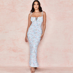 Daisy Printed Floss Strap Tied Bustier Slip Maxi Dress - Blue