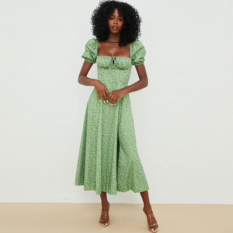 Sexy Daisy Printed Puff Sleeve High Slit Smock Maxi Sundress - Green