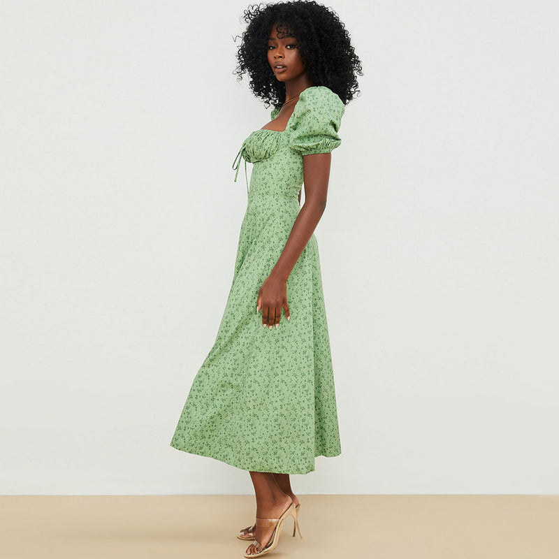 Sexy Daisy Printed Puff Sleeve High Slit Smock Maxi Sundress - Green
