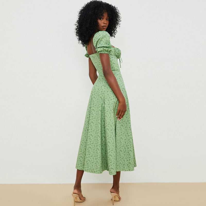 Sexy Daisy Printed Puff Sleeve High Slit Smock Maxi Sundress - Green