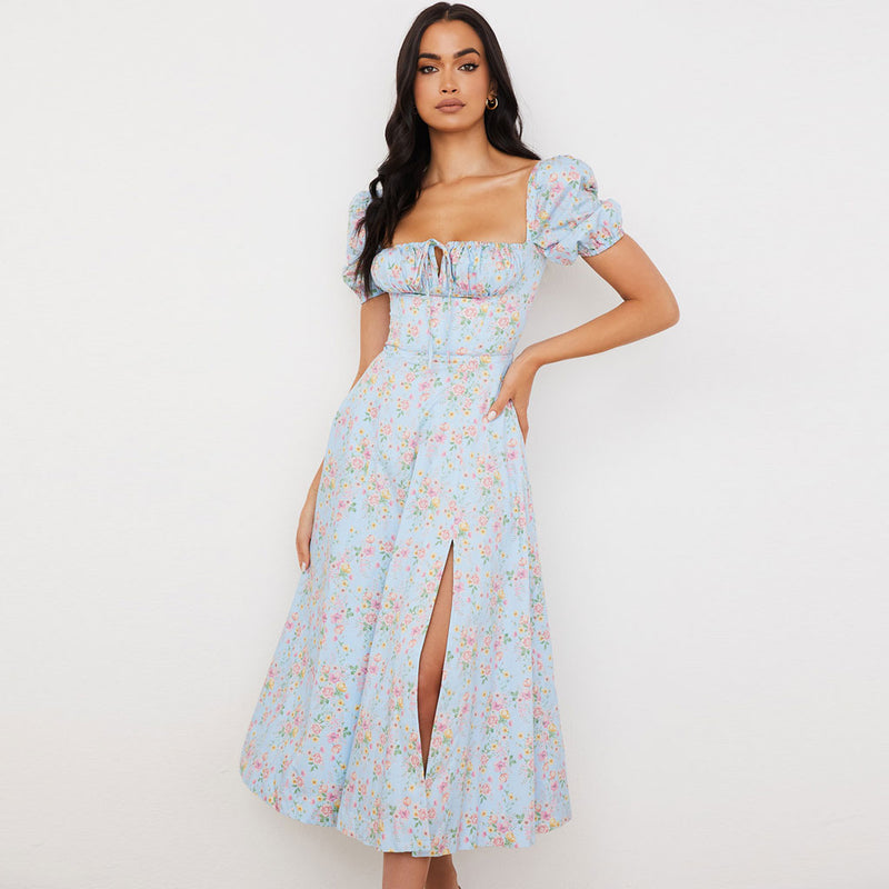 Sexy Daisy Printed Puff Sleeve High Slit Smock Maxi Sundress - Light Blue