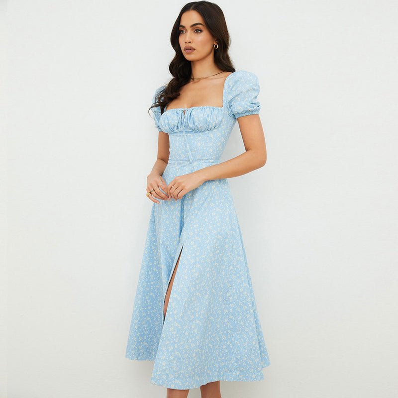 Sexy Daisy Printed Puff Sleeve High Slit Smock Maxi Sundress - Sky Blue